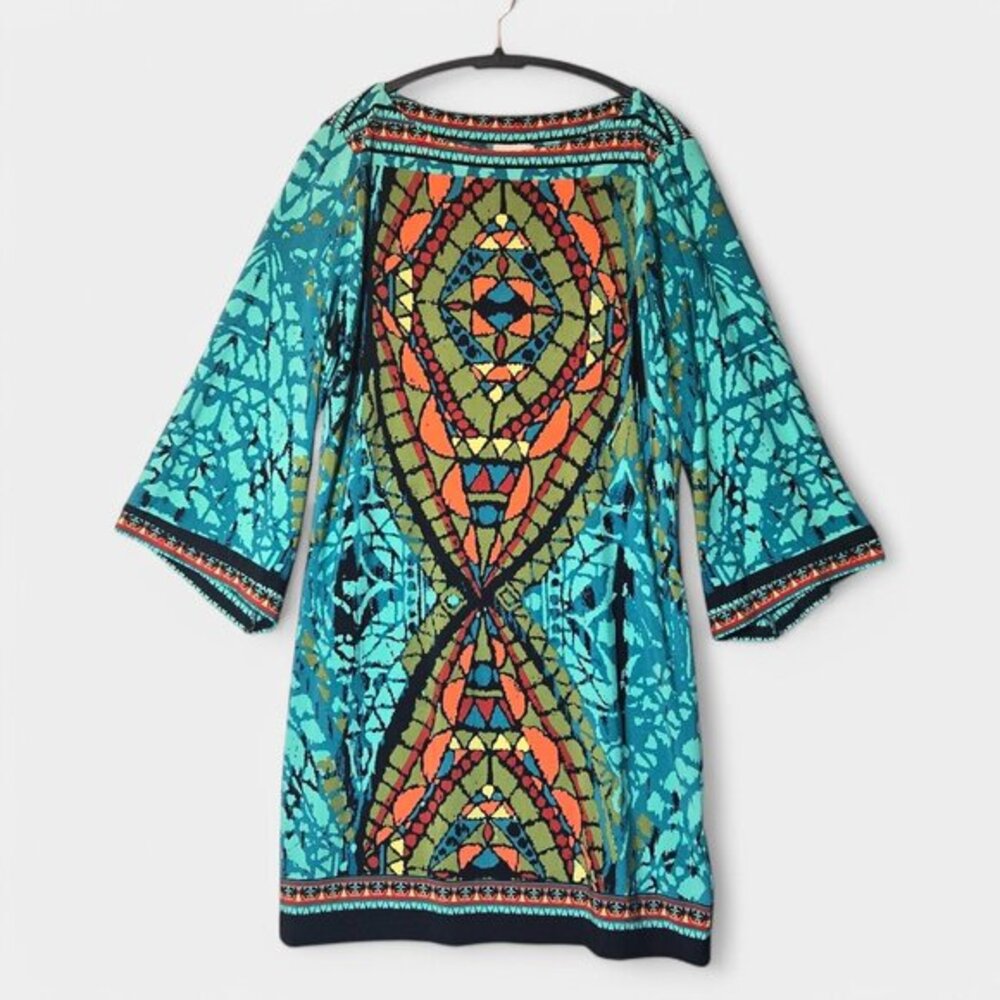 Beige by ECI Bell Sleeve Mosaic Stained Glass Shift Dress Multicolor 12 Boho